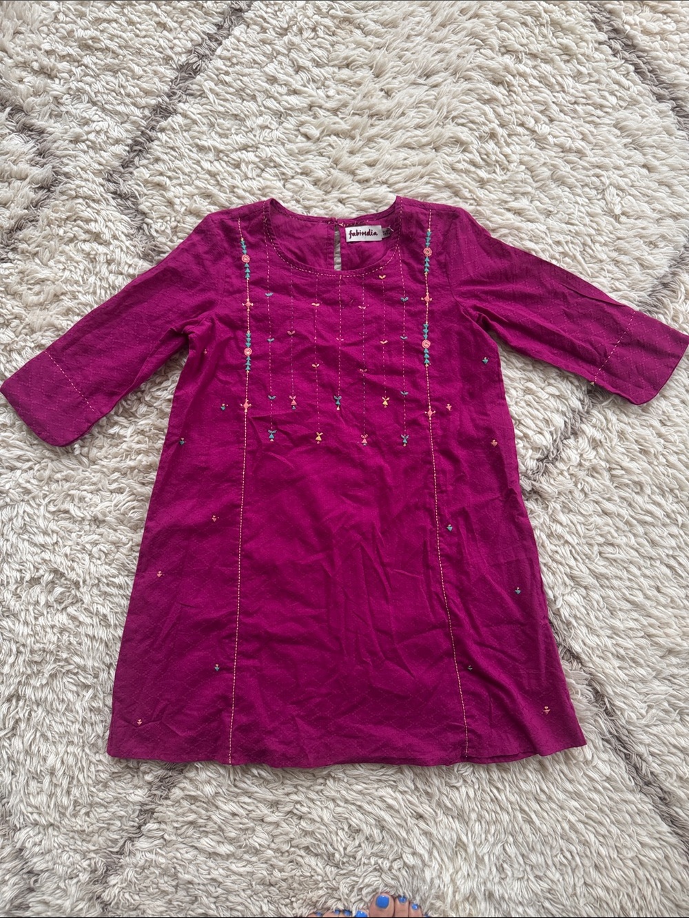 Fabindia Hand-Embroidered Fuchsia Tunic Dress | Size 8–10 | India